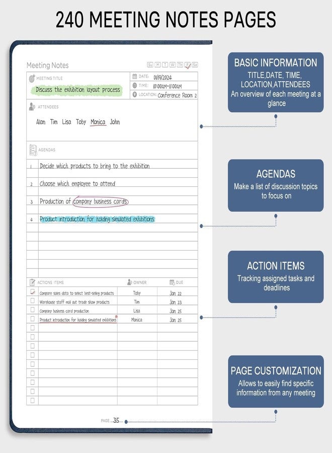 EMSHOI Meeting Notebook for Work with Sticky Tabs - 240 Pages, A4 Size Project Planner, PU Leather Meeting Agenda/Minutes Organizer for Women Men, Note Taking, Office & Business, 8.3"x11.7", Blue - Image 3